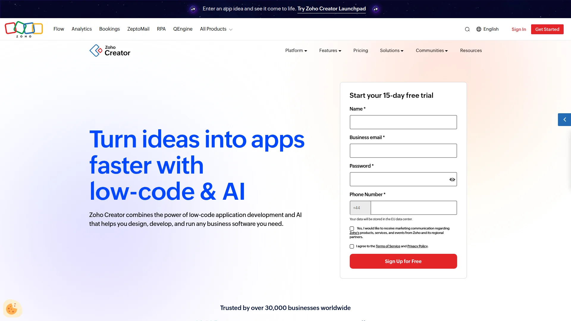 Zoho Creator low-code platform with Zia AI assistant for multi-modal app generation