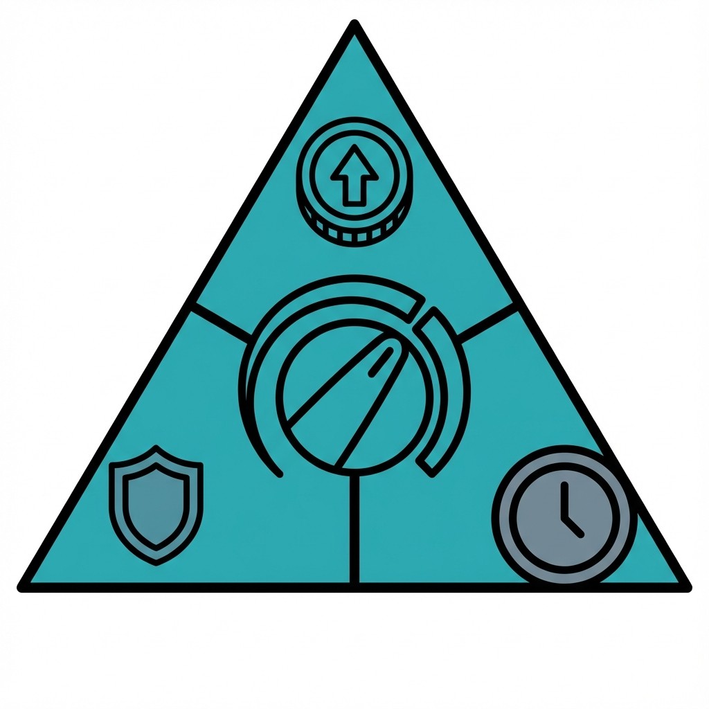 Blaues Dreieck mit Symbolen: Pfeil nach oben, Schild und Uhr. Ein zentraler Drehregler verbindet die drei Bereiche.