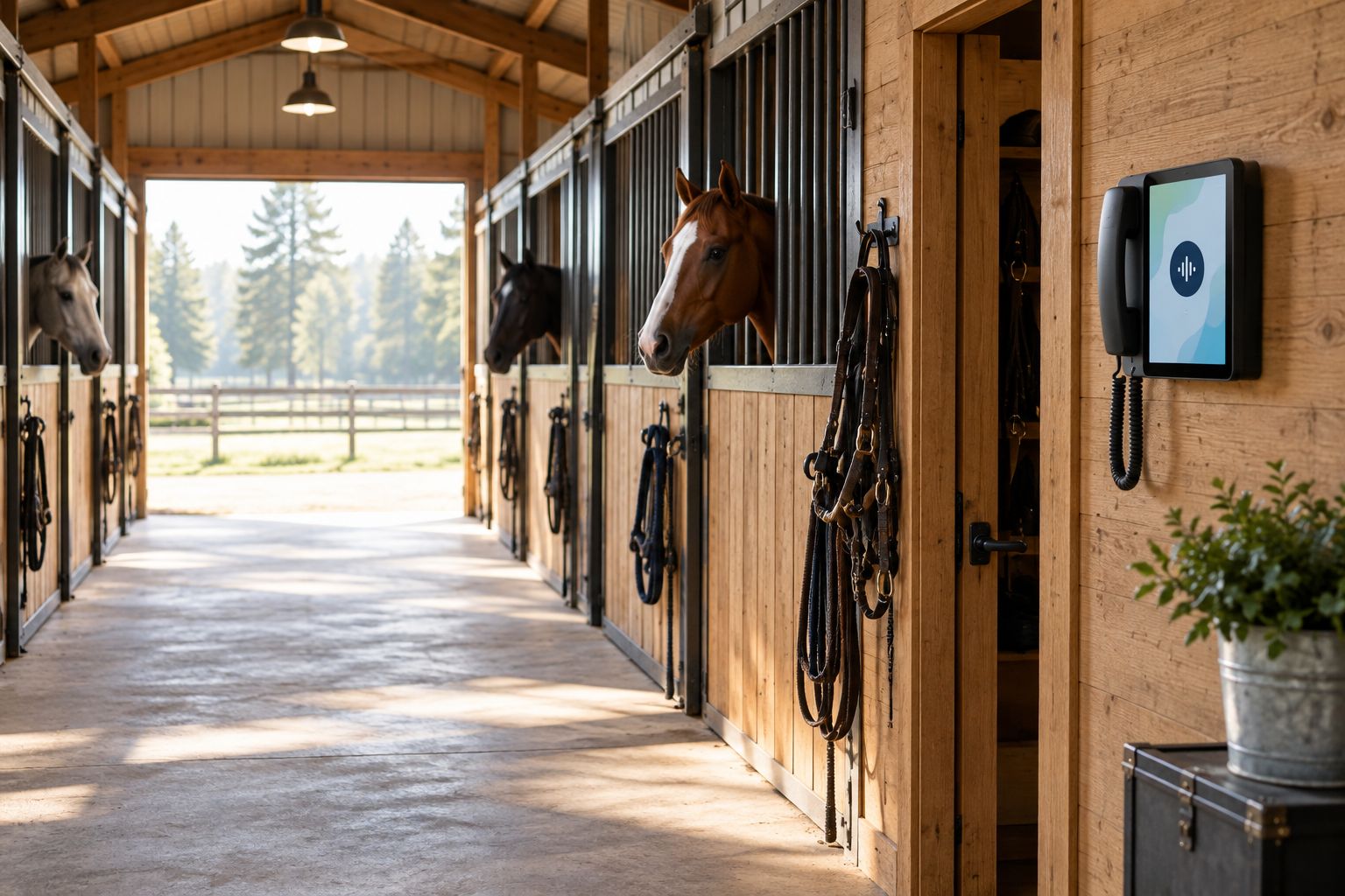 Barn aisle with stalls and a wall phone near the tack room