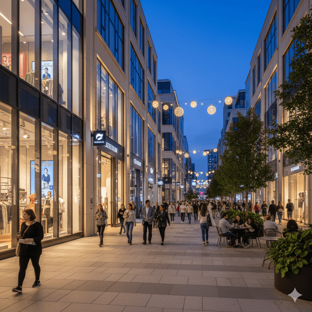 Upscale pedestrian high-street retail corridor with illuminated storefronts and shoppers