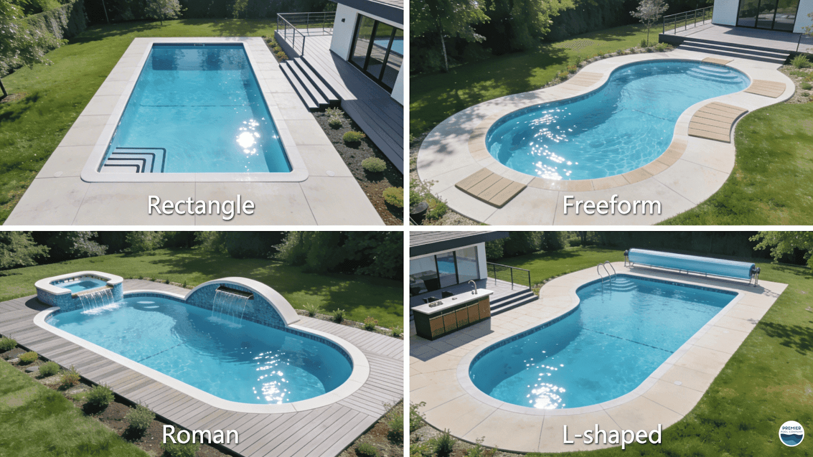Popular fiberglass inground pool shapes including rectangle freeform and roman designs