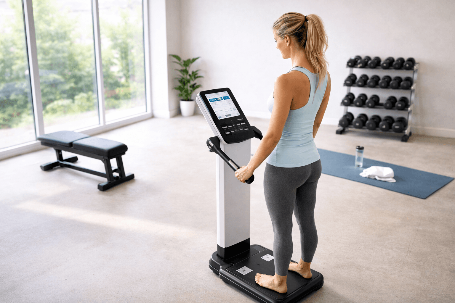 A woman standing on an InBody body composition analyzer for a professional body fat percentage test.