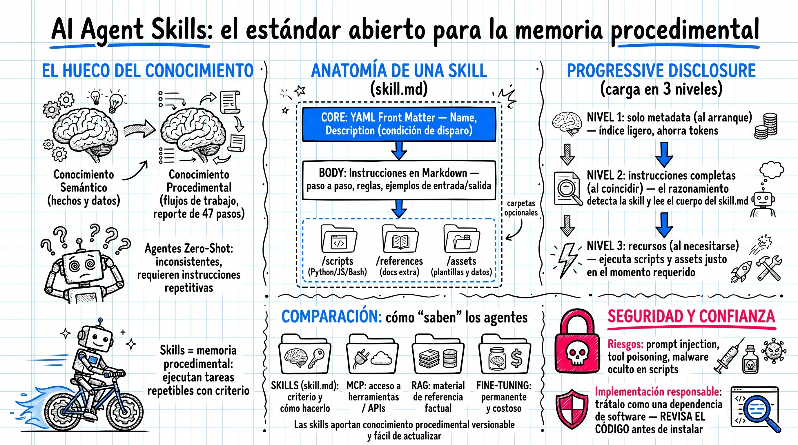 Infografía estilo doodle de cuaderno, en español, que explica las AI Agent Skills: el hueco del conocimiento (semántico vs procedimental), la anatomía de un skill.md, el progressive disclosure en 3 niveles, la comparación entre Skills, MCP, RAG y fine-tuning, y la sección de seguridad y confianza.
