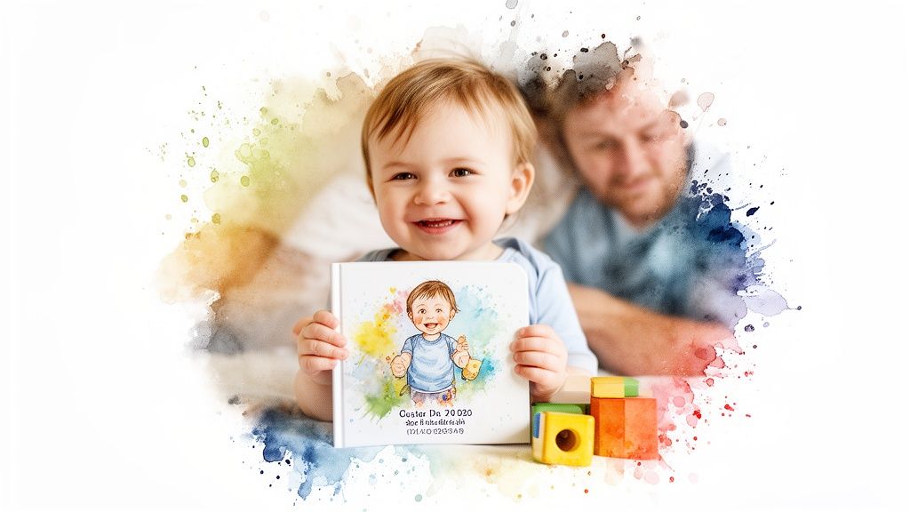 Smiling baby holds a personalized board book featuring a watercolor child illustration, with an adult parent in background.