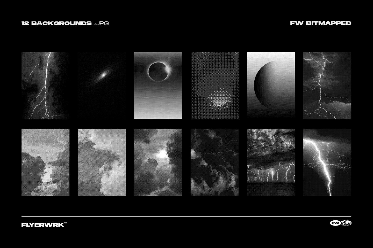 Bitmapped design elements collection of twelve halftone backgrounds featuring lightning storms and celestial space scenes