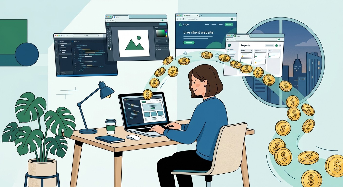 Illustration of a freelancer building websites at a laptop with dollar coins flowing out