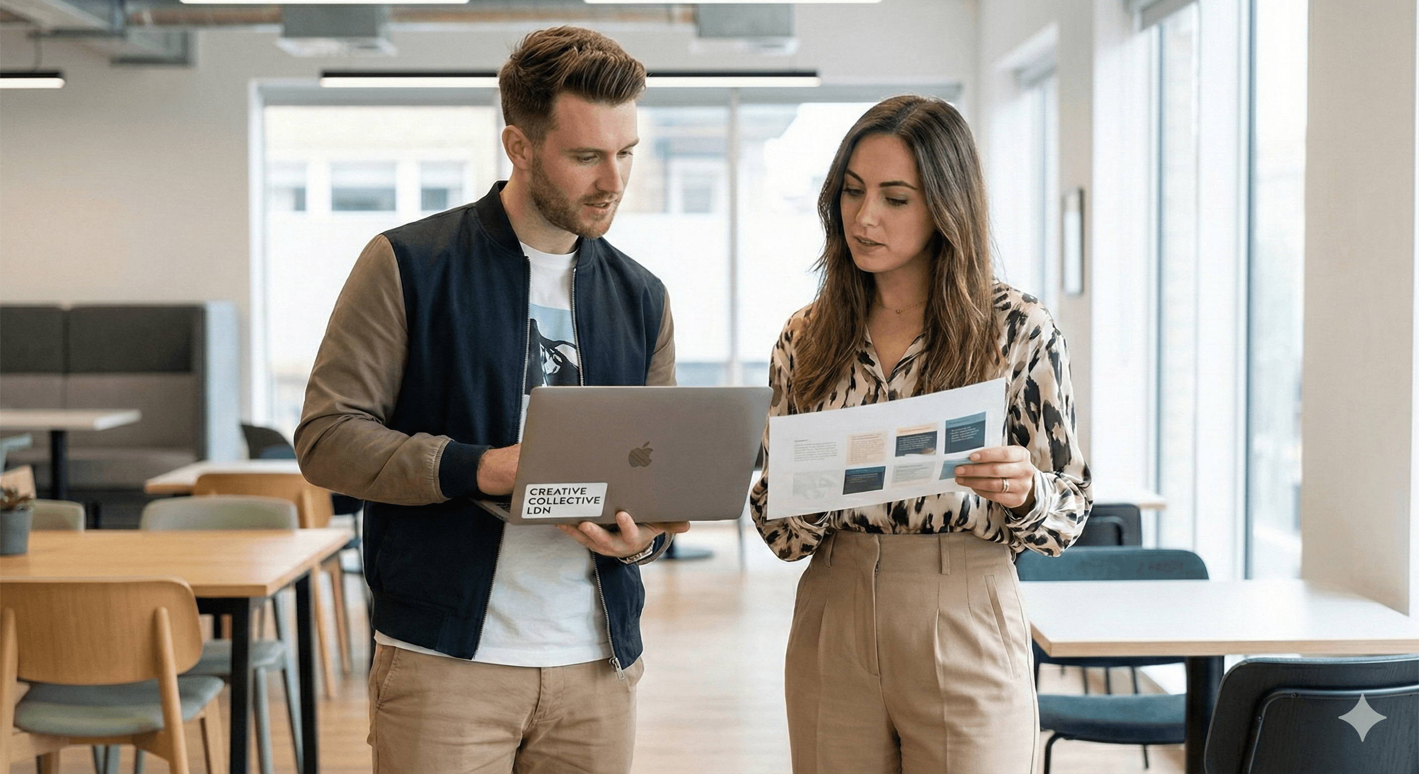 Two professionals collaborate in a modern office, reviewing marketing materials on a laptop and printed documents, illustrating effective AI prompts for marketing teams.