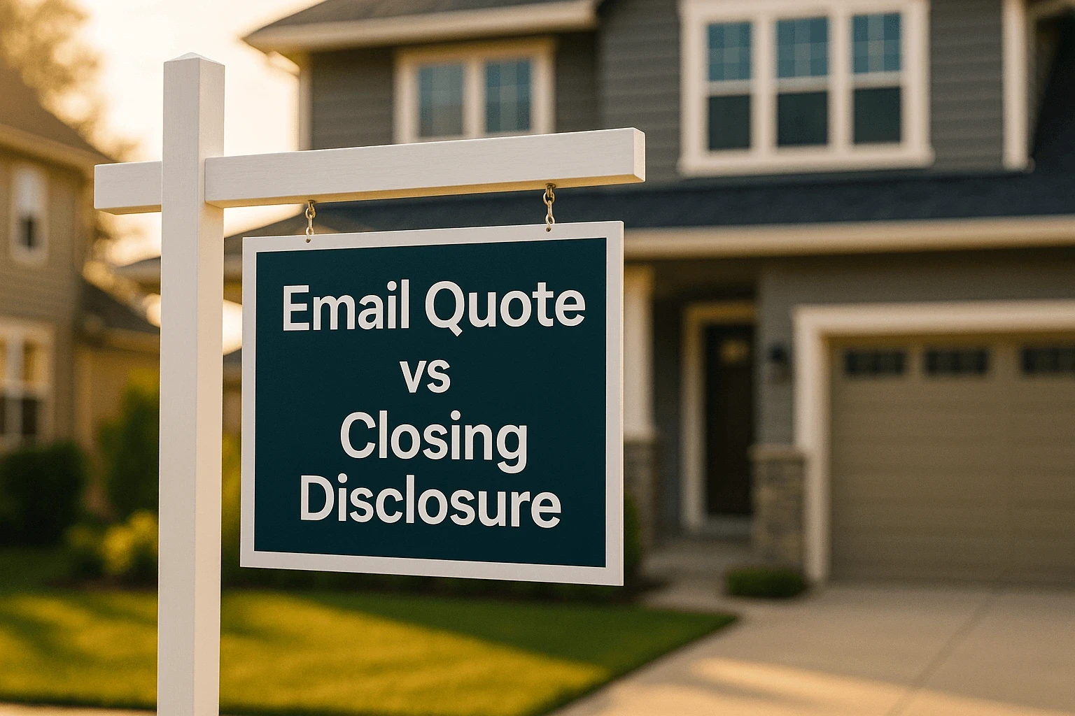 Real estate sign in front of a house displaying the words “Email Quote vs Closing Disclosure”.