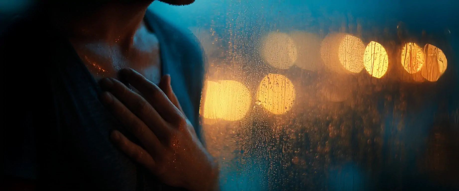 Personne en silhouette posant une main sur sa poitrine près d’une fenêtre, évoquant la respiration et la reconnexion émotionnelle.