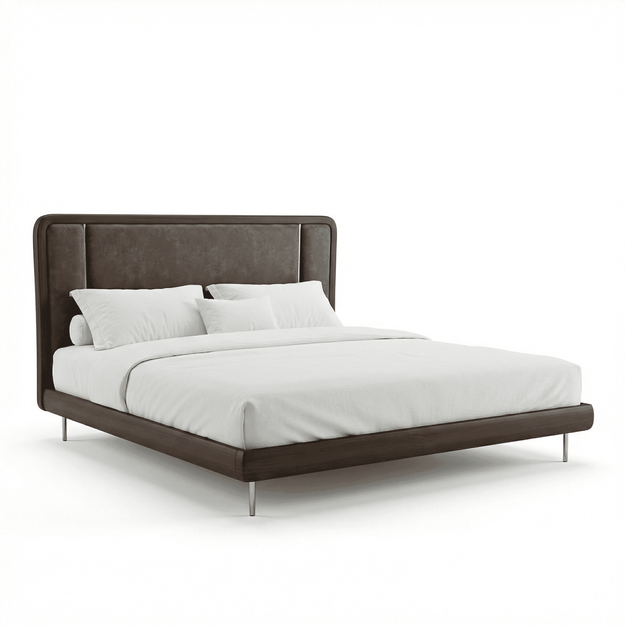 Platform bed featuring a padded headboard, low frame height, and streamlined structure