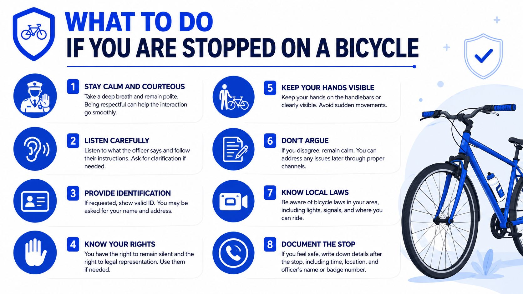 A helpful infographic outlining eight recommended steps to take if you are stopped by police while riding a bicycle.