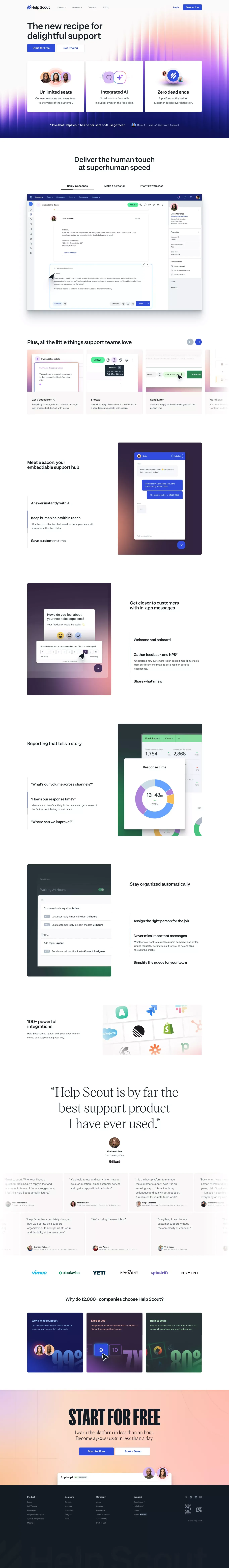 Help Scout: Shared Inbox, Help Center, & portfolio page screenshot showcasing Marketing and Tech design