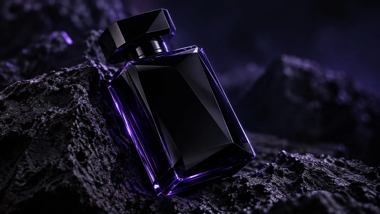 Faceted black perfume bottle on volcanic stone