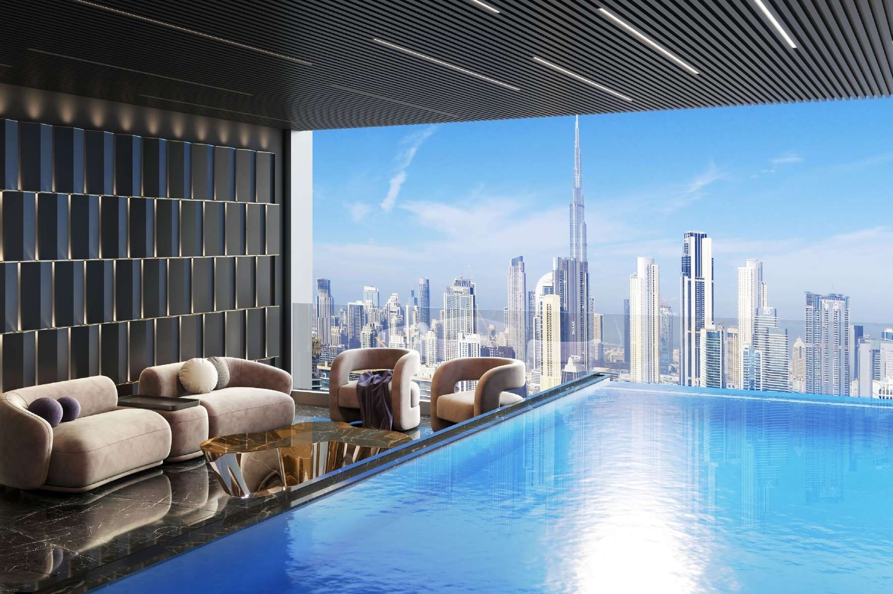 Dining and living space render of Burj Binghatti Jacob & Co Residences — designed for elite living. Buy Dubai luxury apartments with crypto on Tylt.