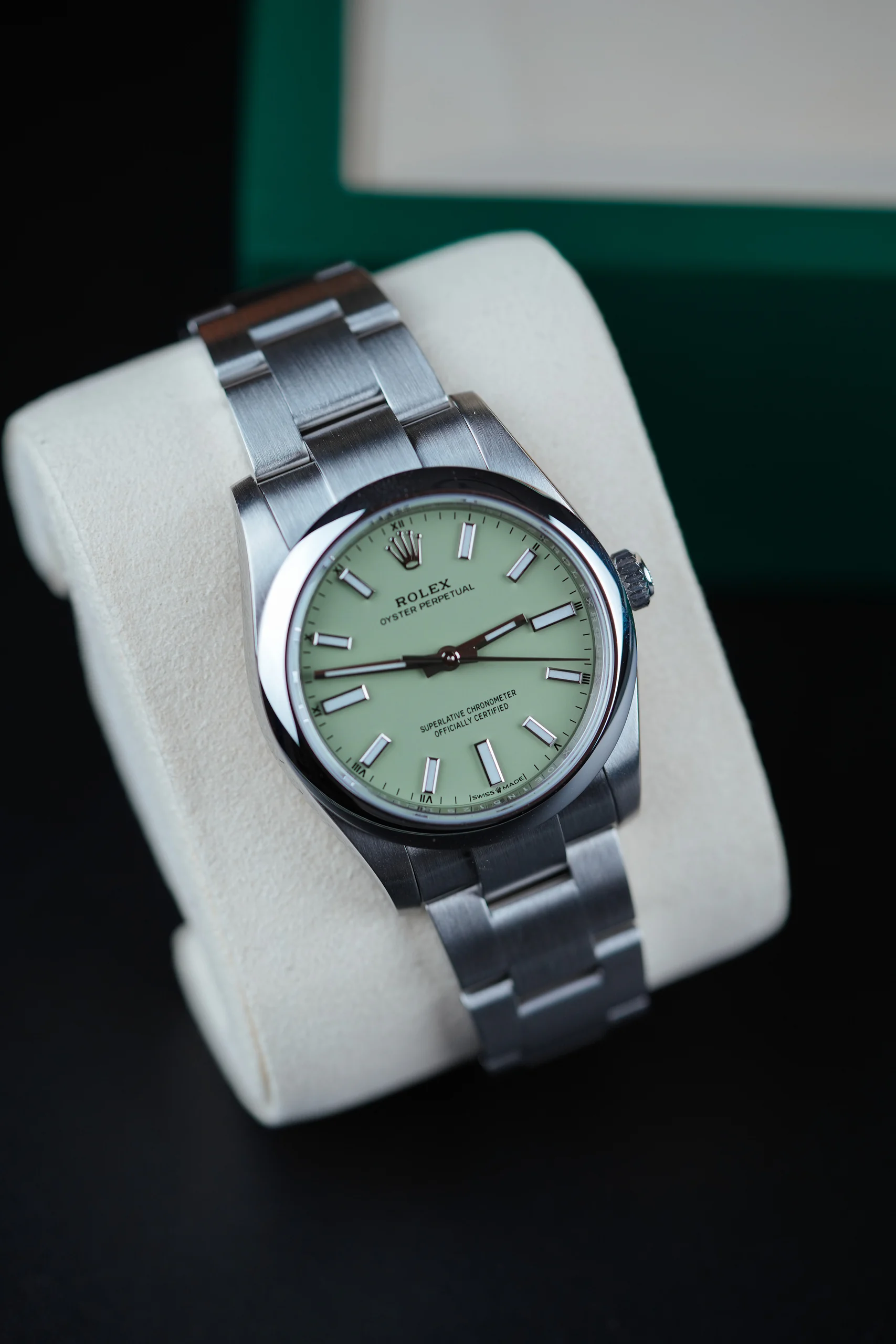 Rolex Oyster Perpetual Pistachio 277200 seen at an angle