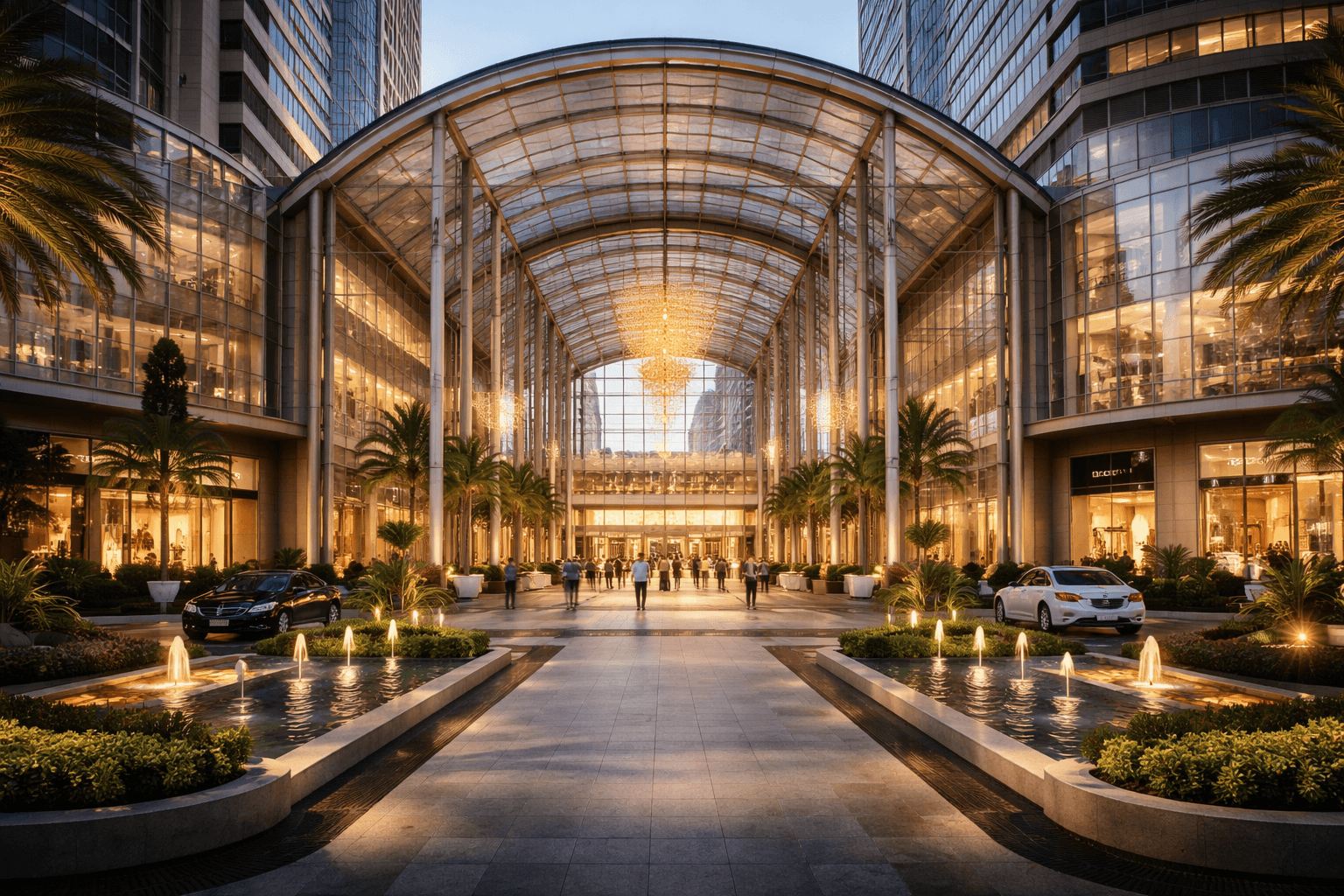 Luxury commercial entrance plaza with grand glass facade and premium retail spaces in Sector 113 Gurugram near Delhi Airport