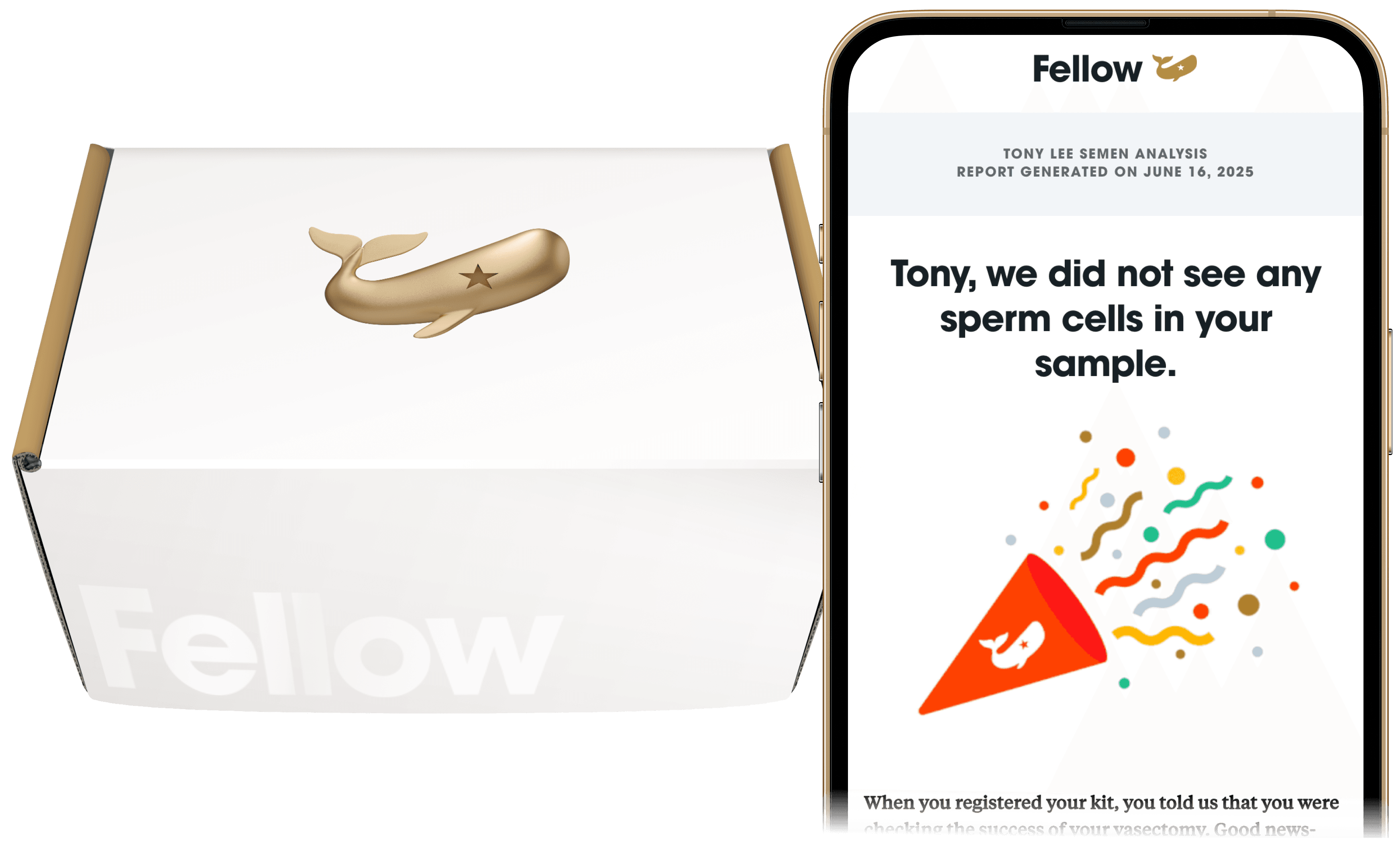 The Fellow Vasectomy Test kit and results displayed on a phone