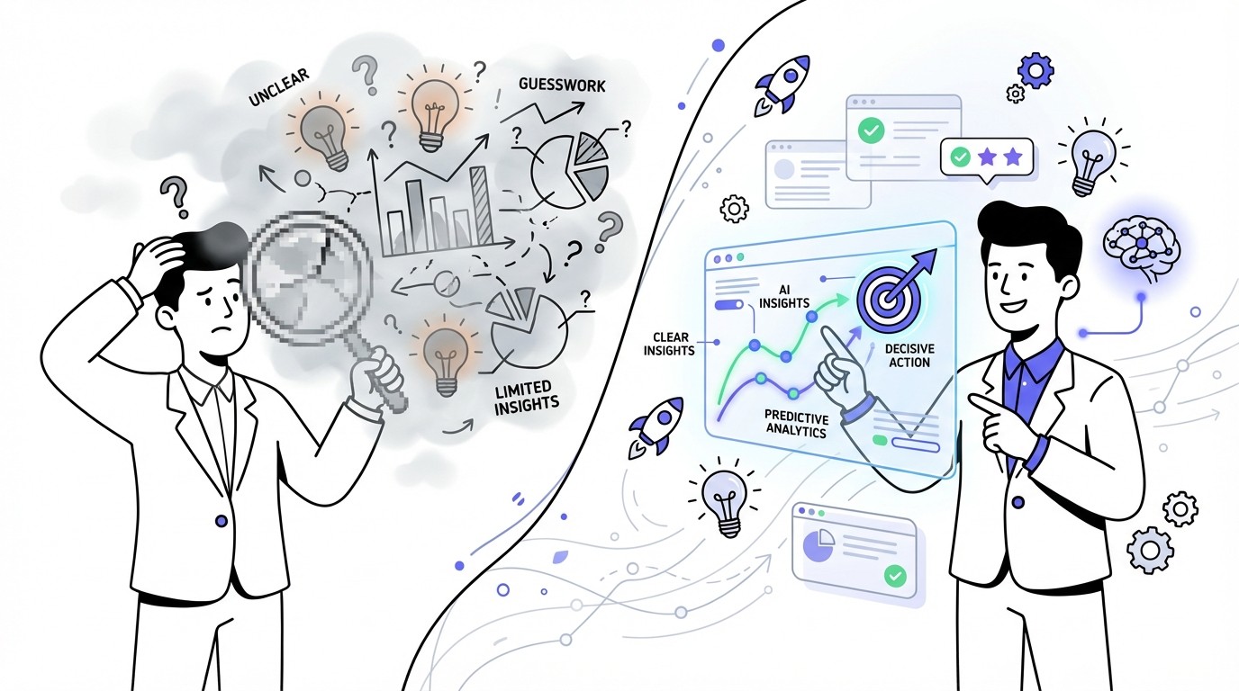 An illustration comparing traditional lead scoring to AI-powered lead scoring. On the left, a blurry, confusing scene with a figure looking through fog at jumbled data, representing an intelligence gap. On the right, a clear, vibrant scene with the same figure confidently interacting with a sharp, holographic data visualization, symbolizing clear view and decisive action.
