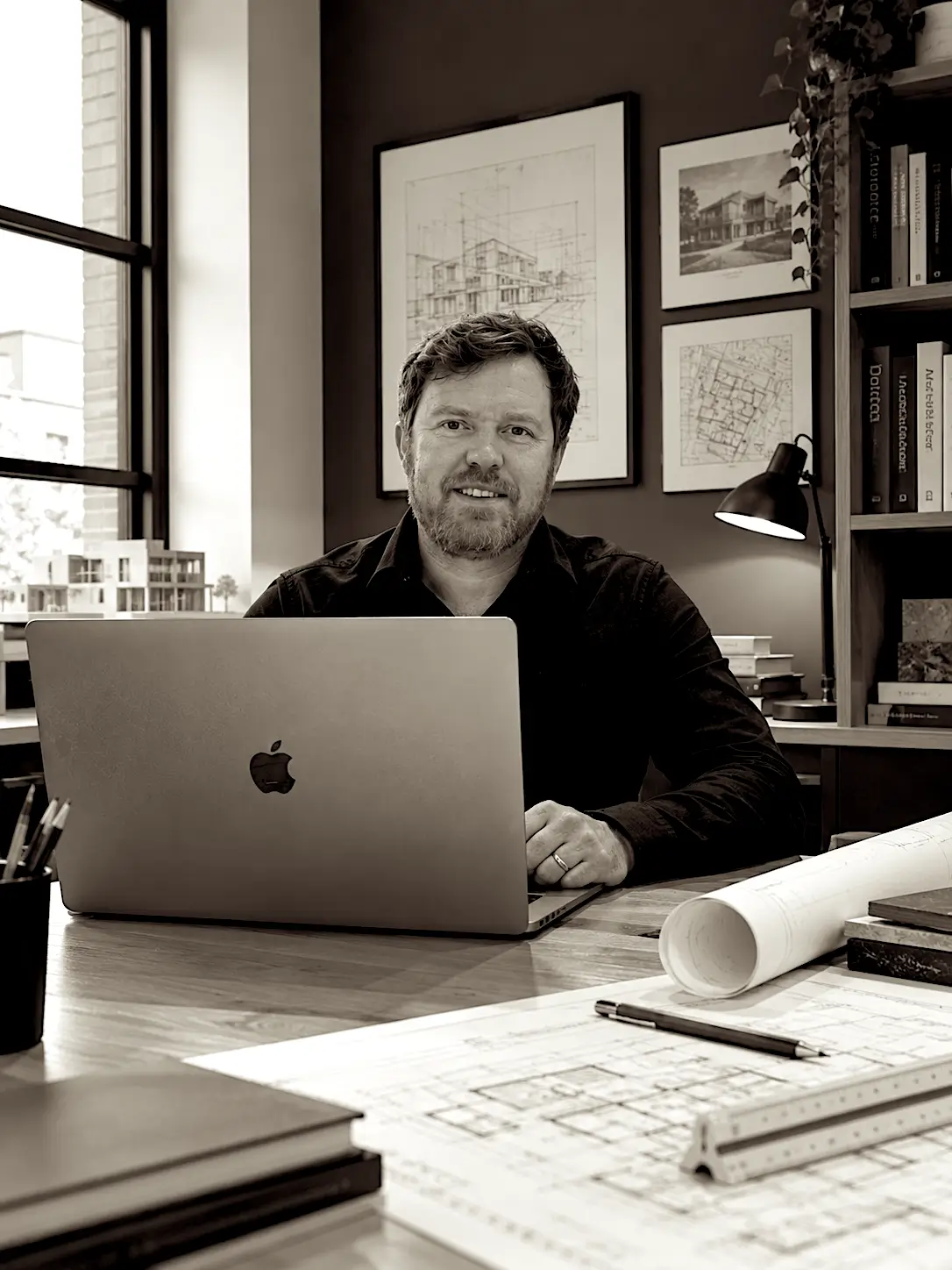 Architectural designer at a desk with a laptop and drawing services.