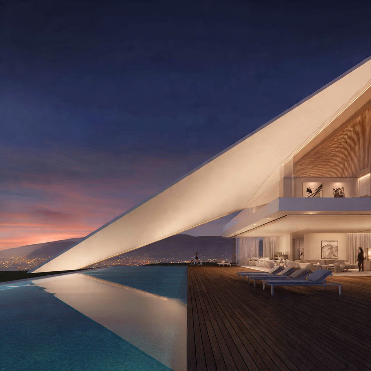 Modern luxury villa at dusk, featuring sleek architecture, expansive glass windows, poolside loungers, and a serene infinity pool reflecting soft lights.