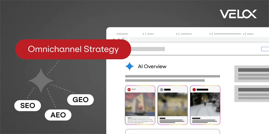 SEO, AEO, and GEO branching from an AI Overview symbol with "Omnichannel Strategy" in a title above.