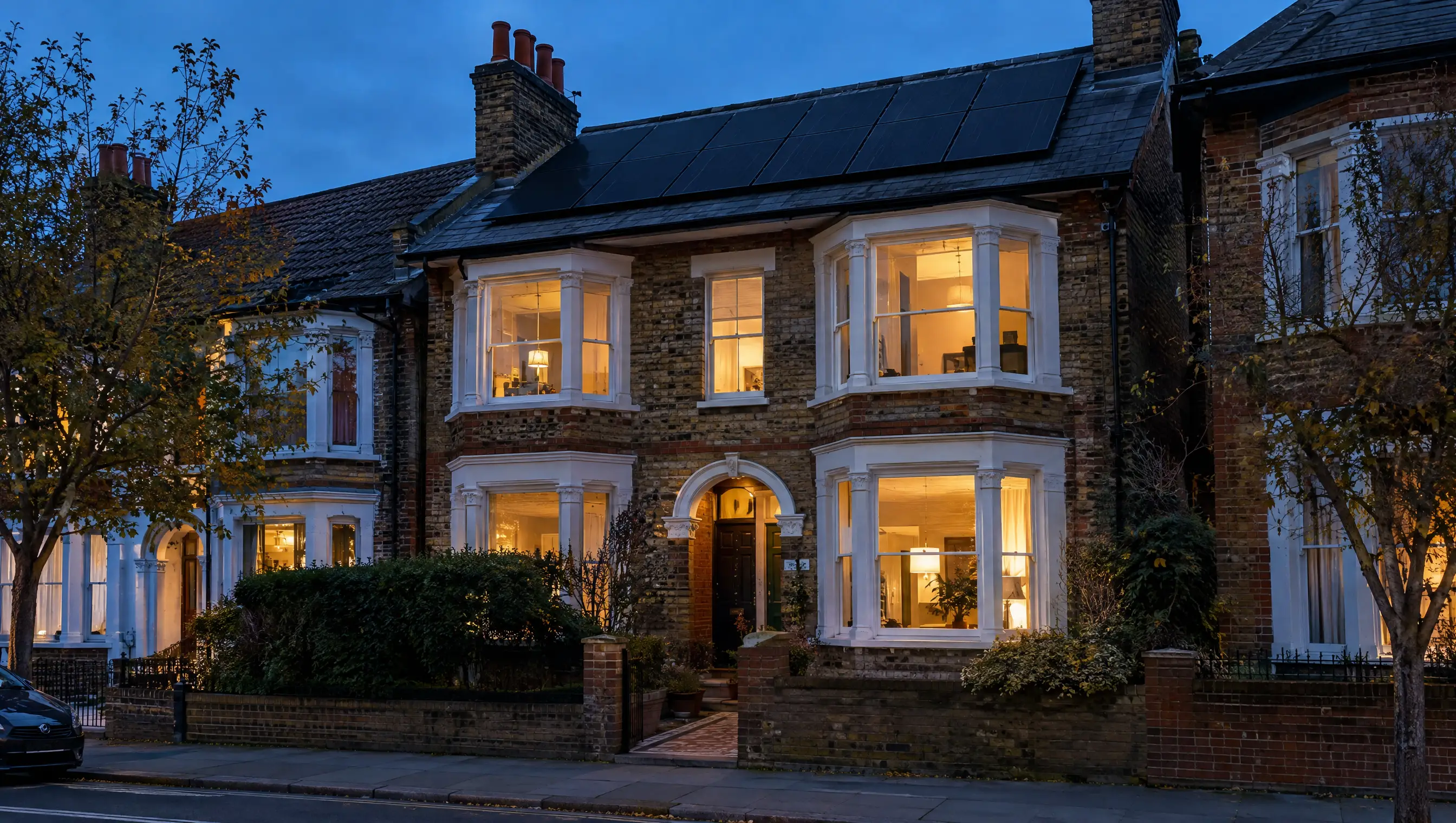A Victorian terraced house in London at dusk with solar panels on its slate roof and warm lights on in the windows