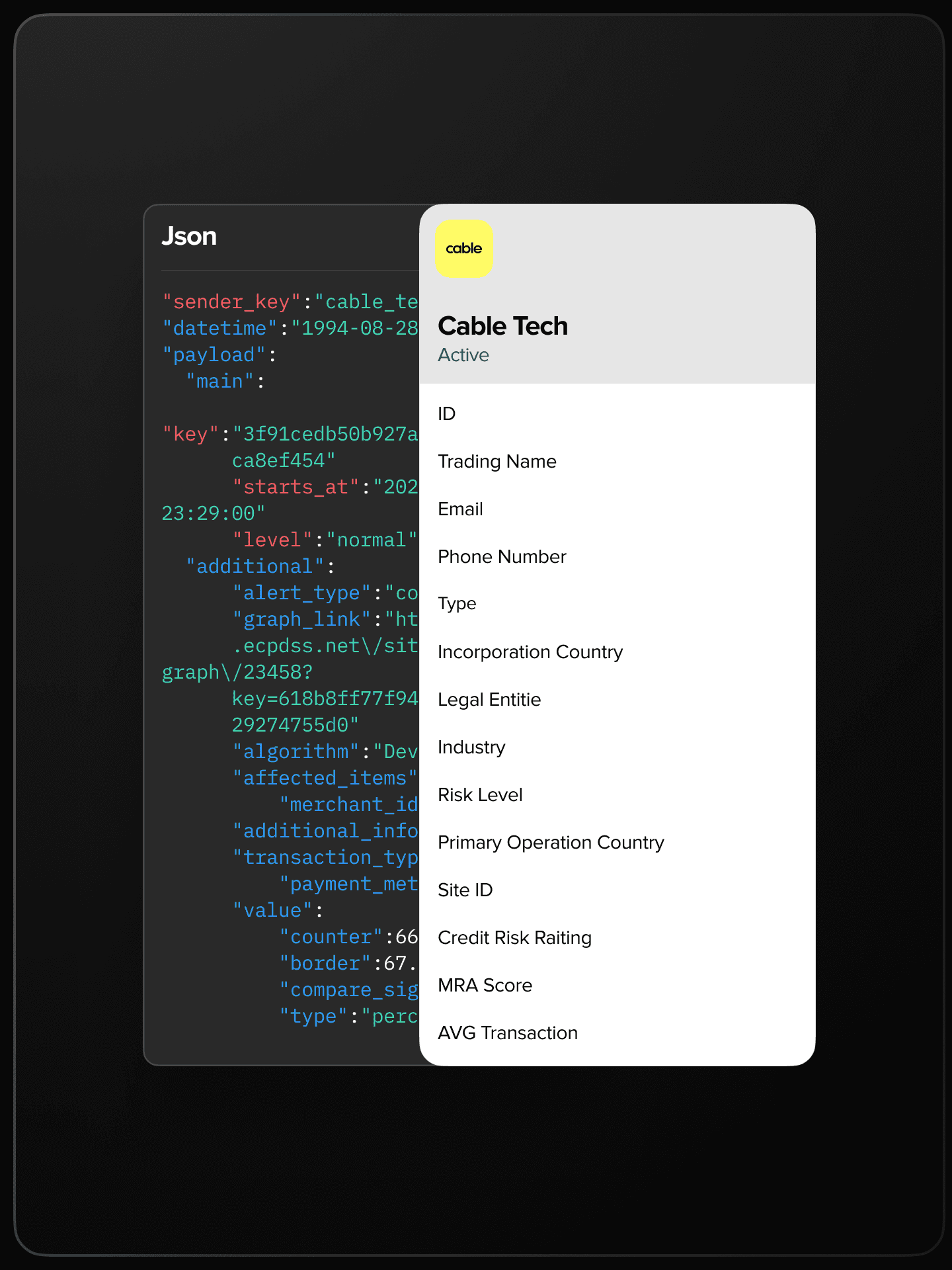 Example .json code taken from webhook and moved to the Cable Tech service