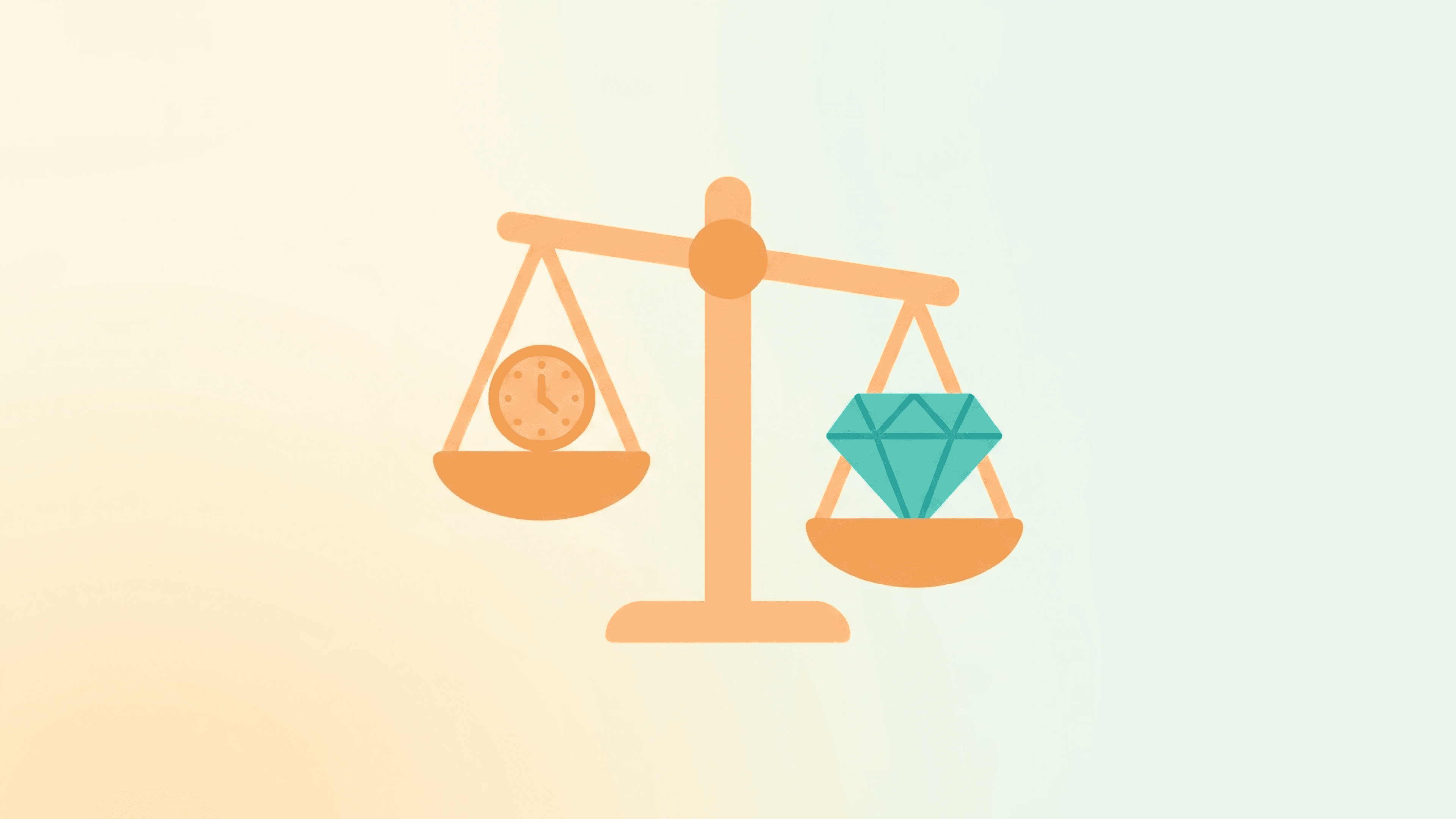 디자인 프리랜서가 시간보다 작업의 가치를 더 무겁게 두고 가격을 매기는 모습을 표현한 저울, 가치 기반 가격 책정법 안내.