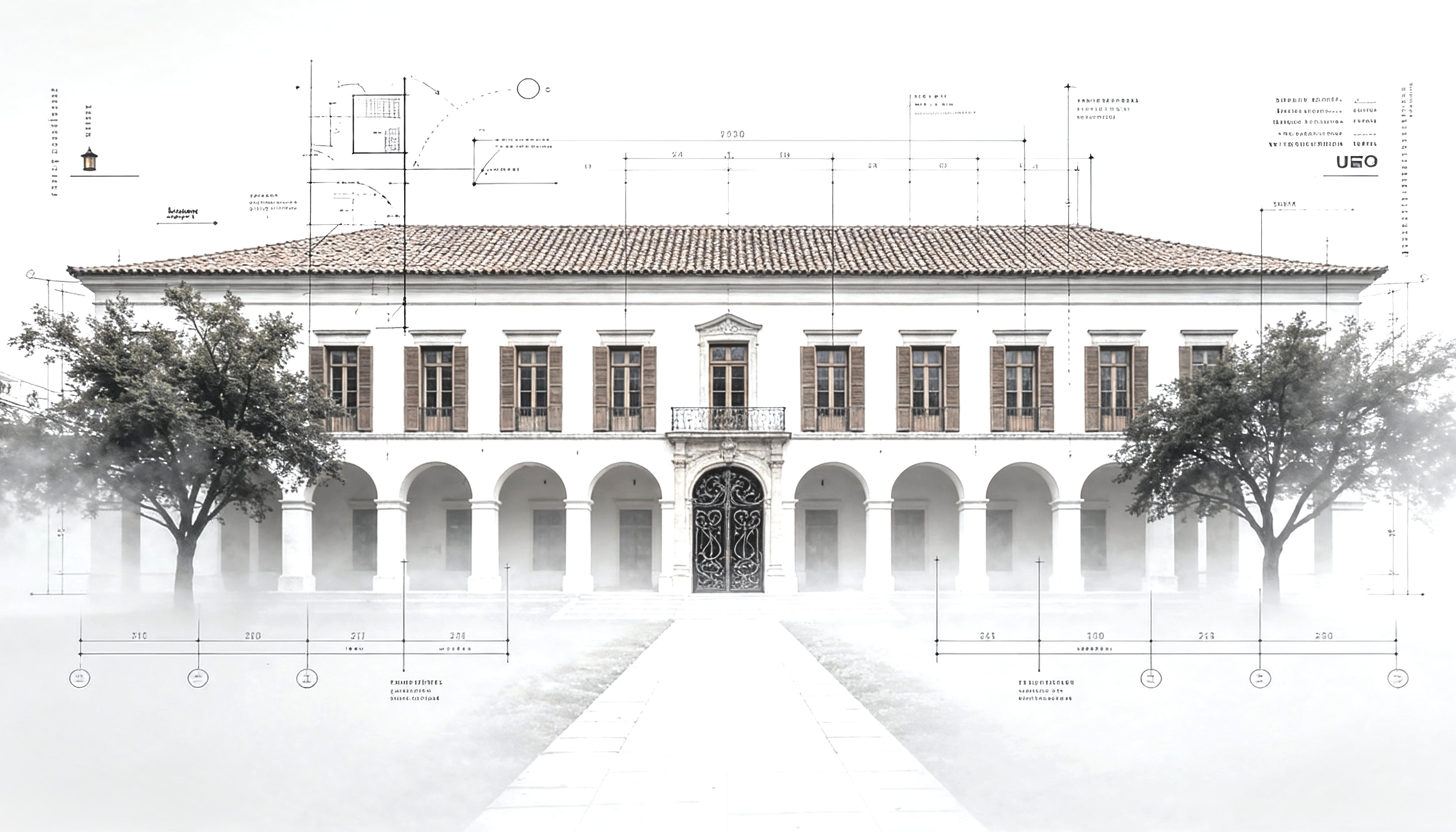 Sede de propriedade rural brasileira com sobreposição de planta técnica — patrimônio rural e planejamento sucessório