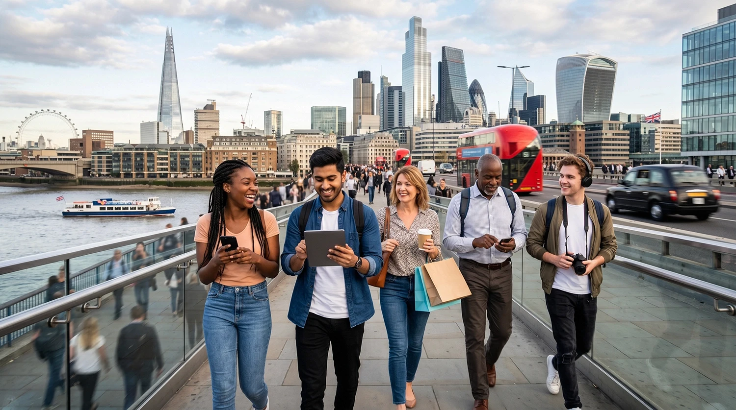 Diverse group walking on London Bridge with skyline, using phones and tablets for mediareach multicultural marketing