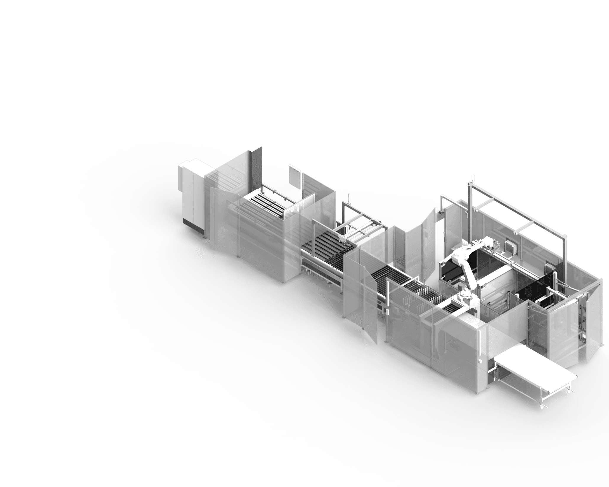 Industrieroboter-Anlage in Schwarzweiß. Moderne Robotertechnik für die Fertigung. Automatisierung.