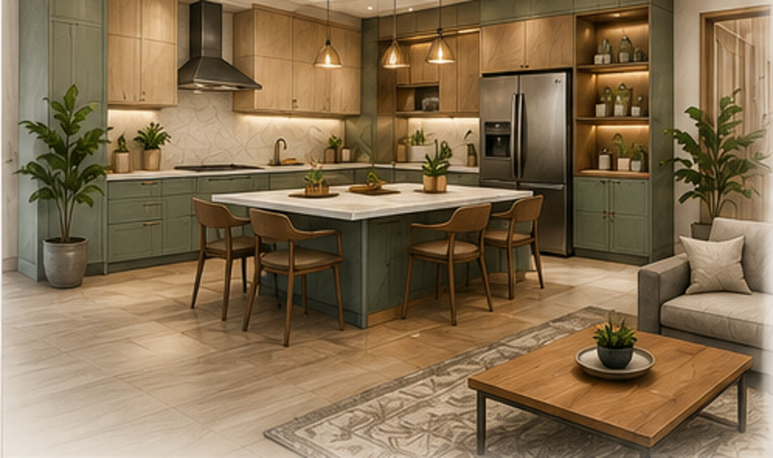 Photorealistic render of a kitchen and dining area
