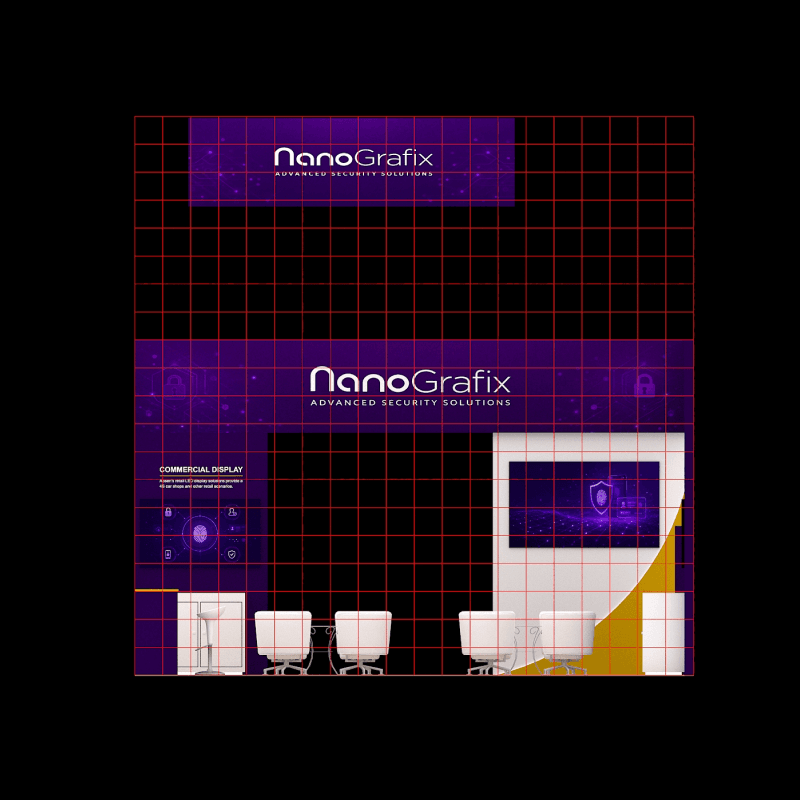 20x20 security exhibit with open meeting zones and branded presentation walls