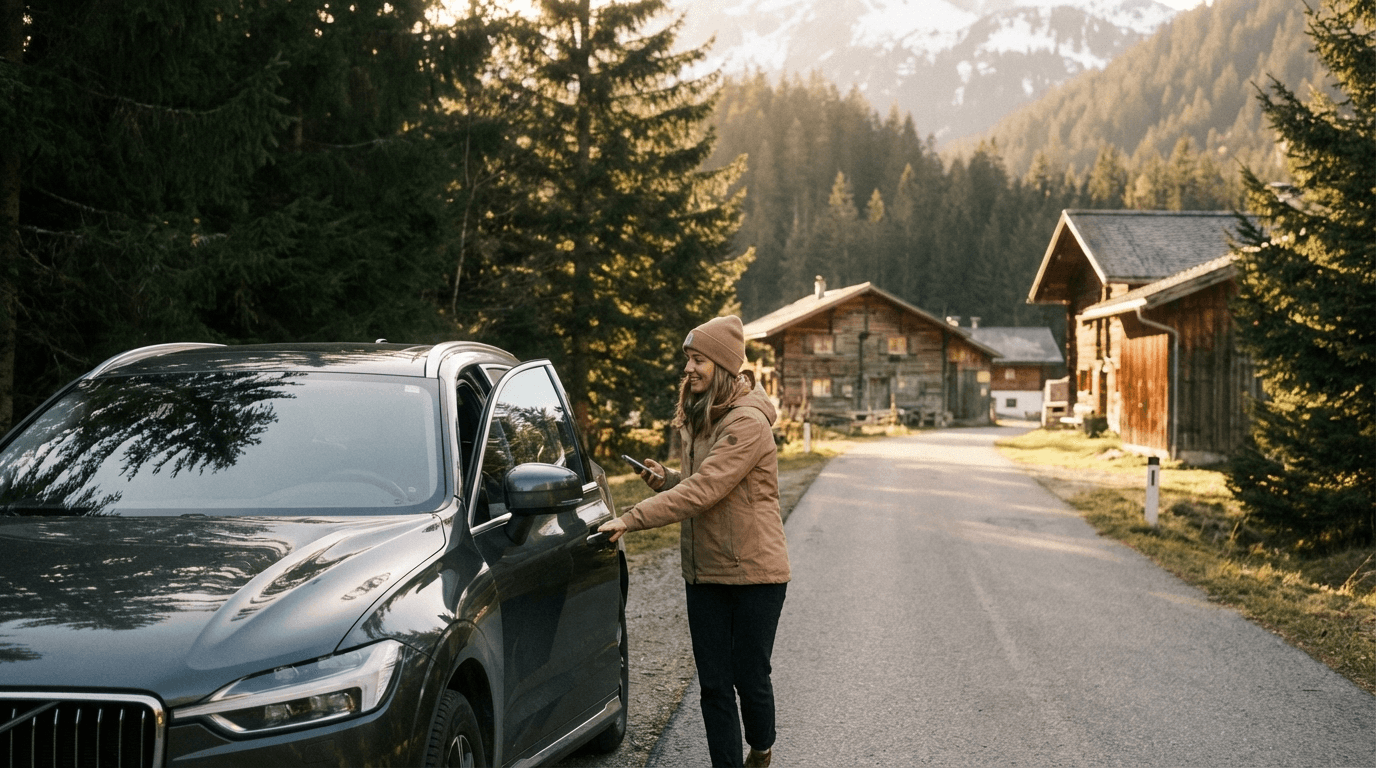 two people looking at a tablet and smiling