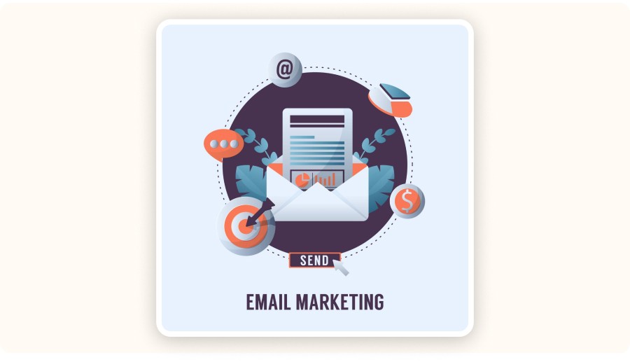 Email marketing concept illustration with envelope, analytics, targeting, and send button