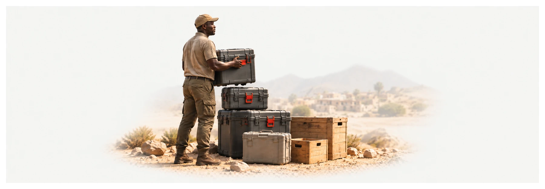 Concept rendering of a man with prosthetic and assistive device kit cases