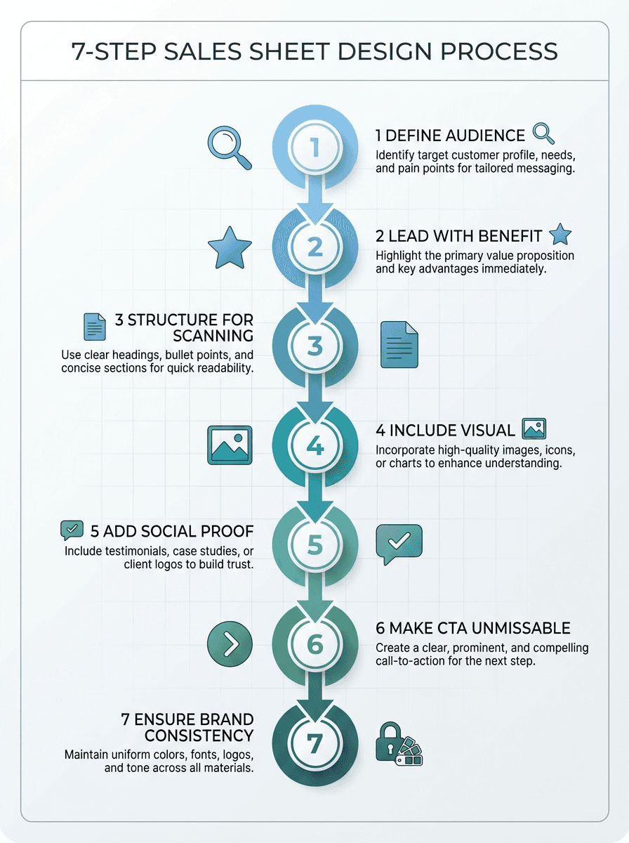 Step-by-step framework diagram showing the 7-step sales sheet design process from defining audience to ensuring brand consistency