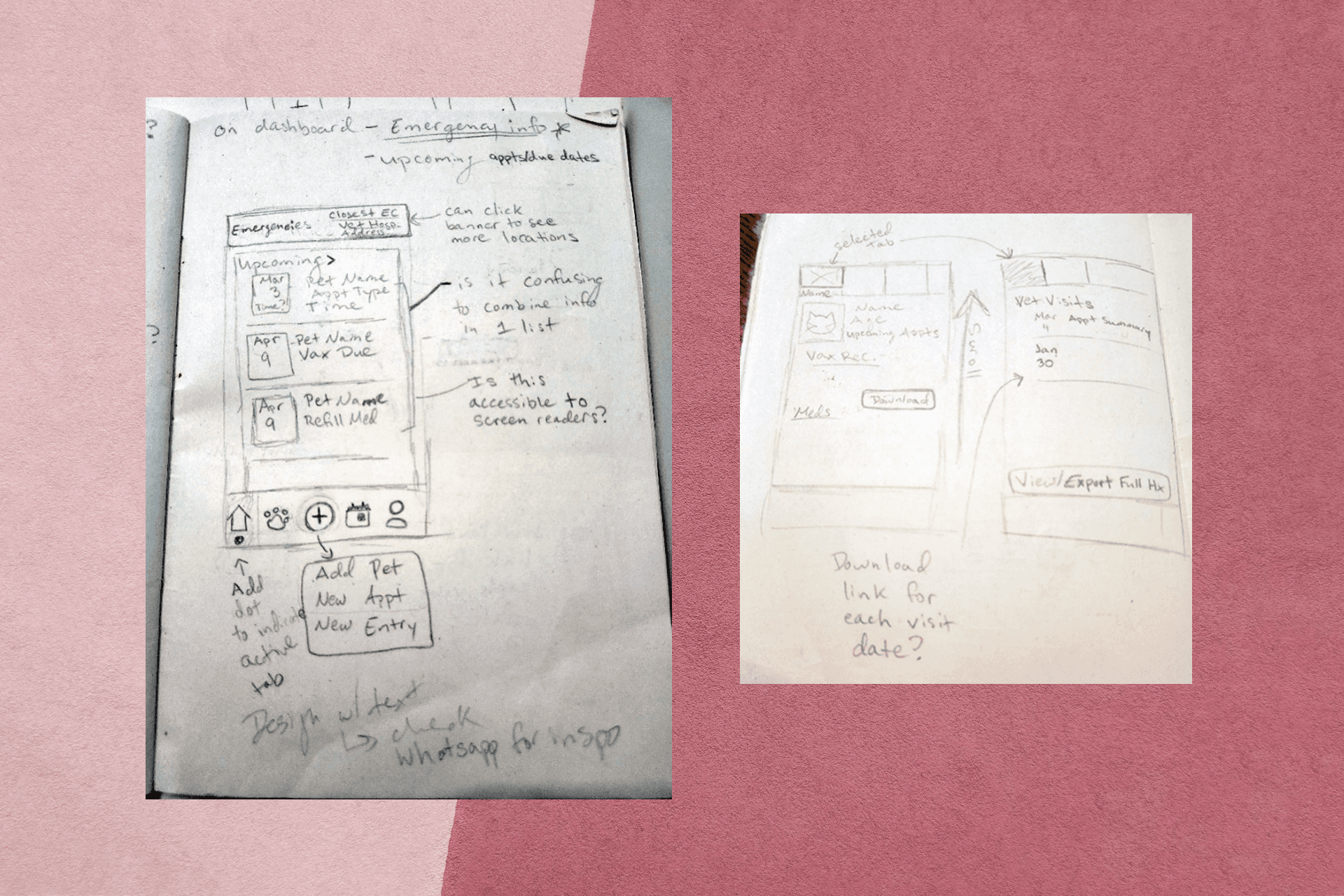 Hand-drawn wireframes of app screens including one depicting initial ideas for an emergency banner and the layout for appointment check-in