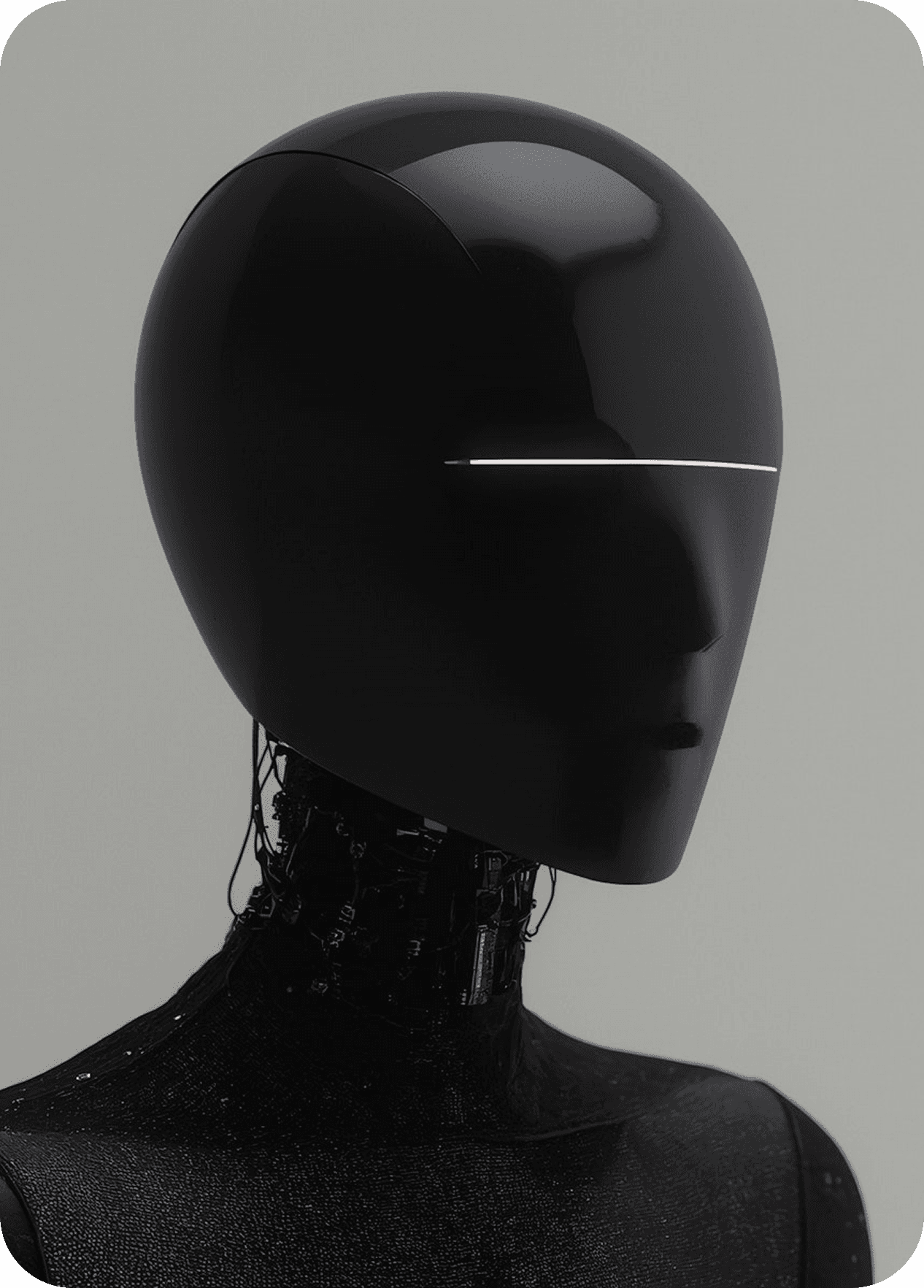 Futuristic humanoid robot with a sleek black head and exposed internal components, showcasing advanced AI design.