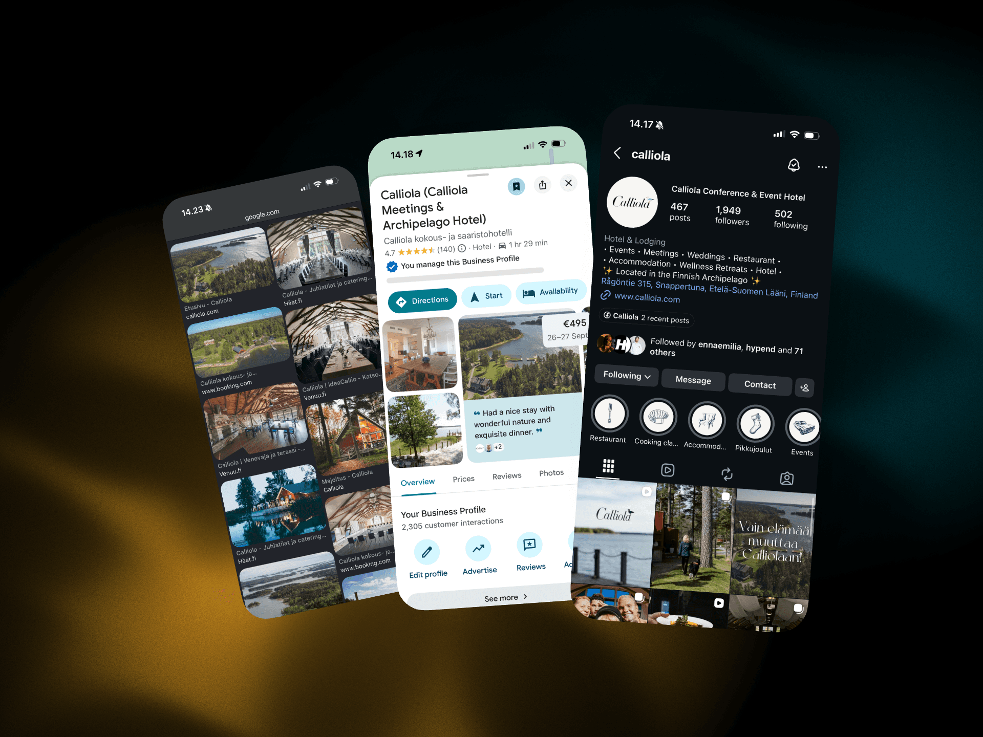 3 phone mockups of Calliola's google profile, SEO presence, and instagram account