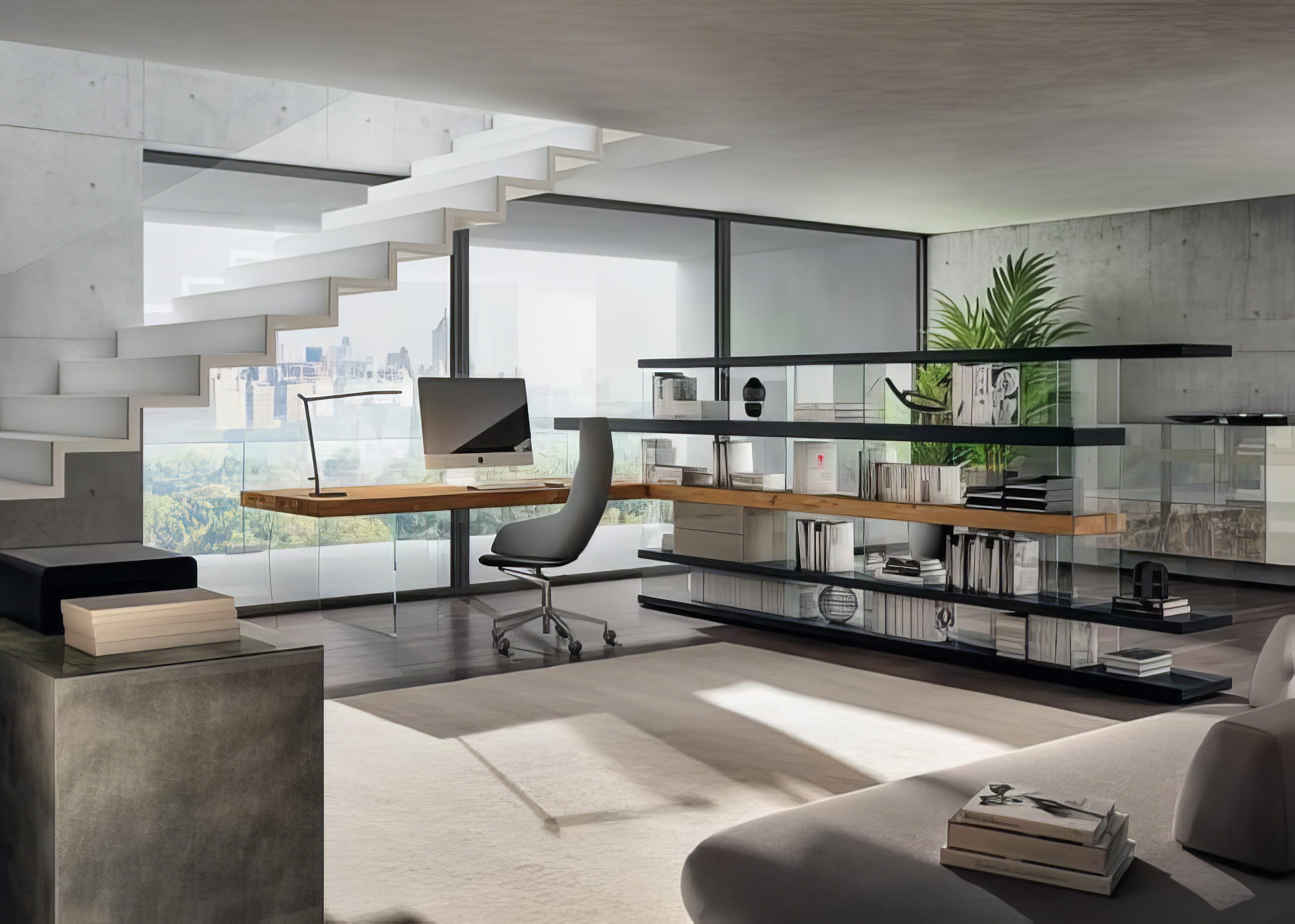 MW Interior Wohneinrichtung – helles modernes Home-Office-Zimmer mit eleganter Sofagarnitur und großzügiger Raumgestaltung