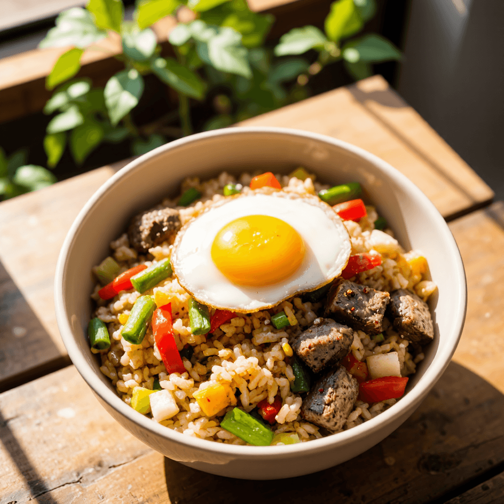 product photography of a bowl of mixed rice with vegetables and egg
