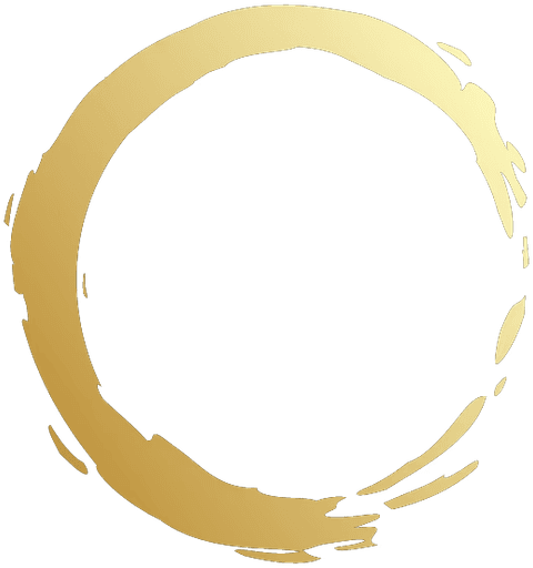 A gold, uneven circular brushstroke on a white background.