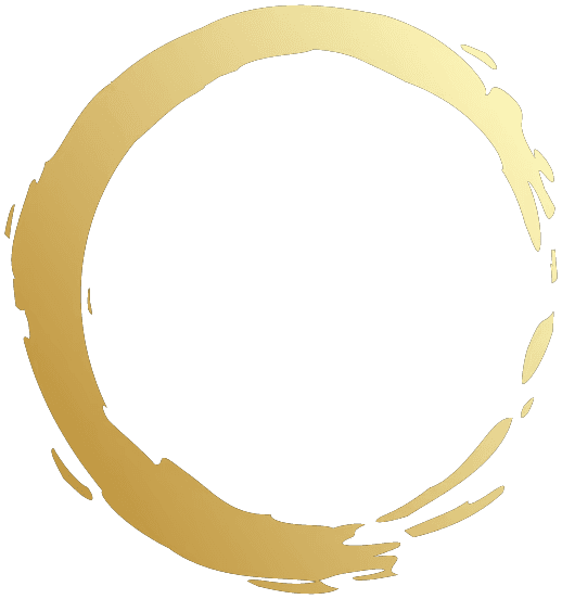 A gold, uneven circular brushstroke on a white background.