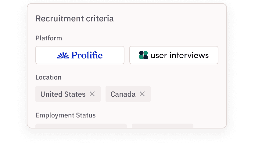 Recruitment criteria panel with platform and location filters