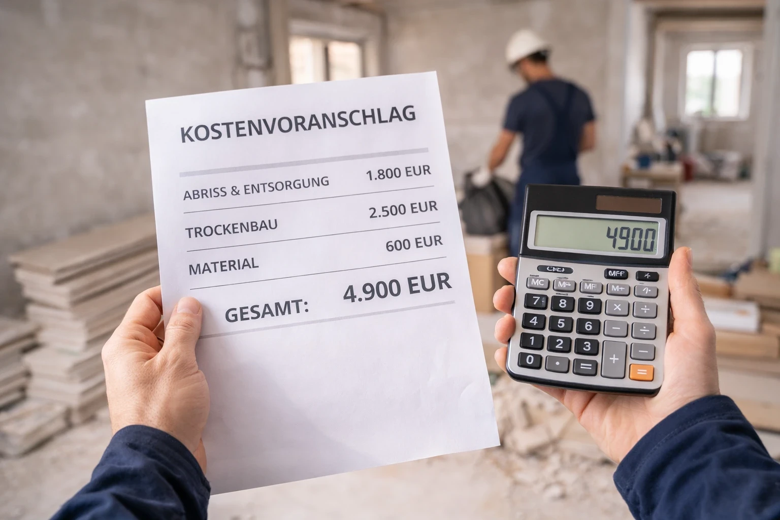 Kostenvoranschlag für Trockenbau, Abriss und Entsorgung auf einer Baustelle mit Taschenrechner – transparente Planung von Renovierungsarbeiten
