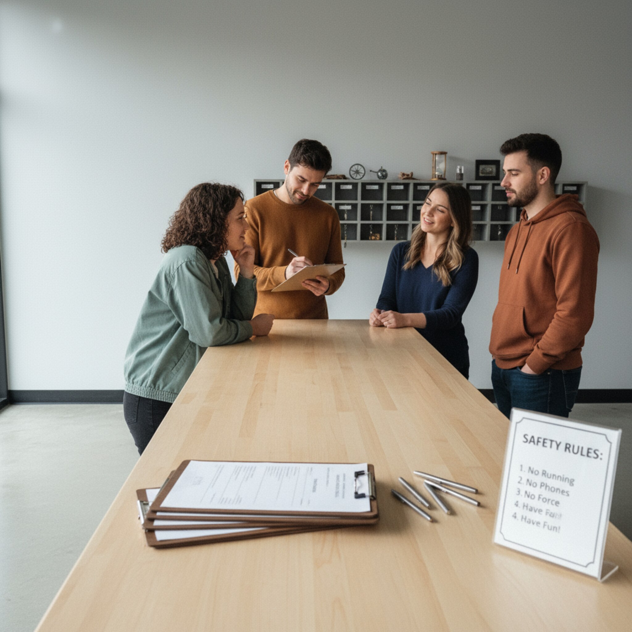 Am Empfang liegt ein sauberer Stapel Klemmbretter mit vorbereiteten Formularen und Stiften. Eine Gruppe trägt nacheinander Namen ein, lacht und tauscht Blicke. Ein dezentes Schild erklärt Sicherheitsregeln. Helles Licht, klare Flächen, alles wirkt geordnet für einen schnellen Start.