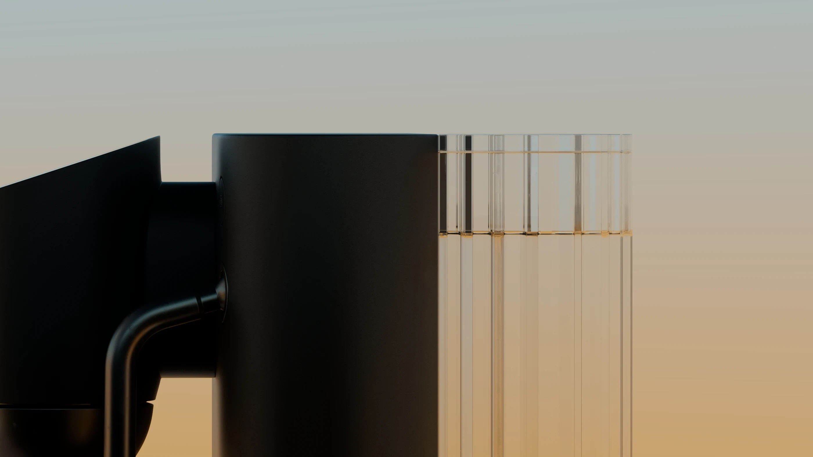 A sleek black espresso machine with transparent glass tubes is set against a warm, gradient background, conveying a modern and sophisticated tone.