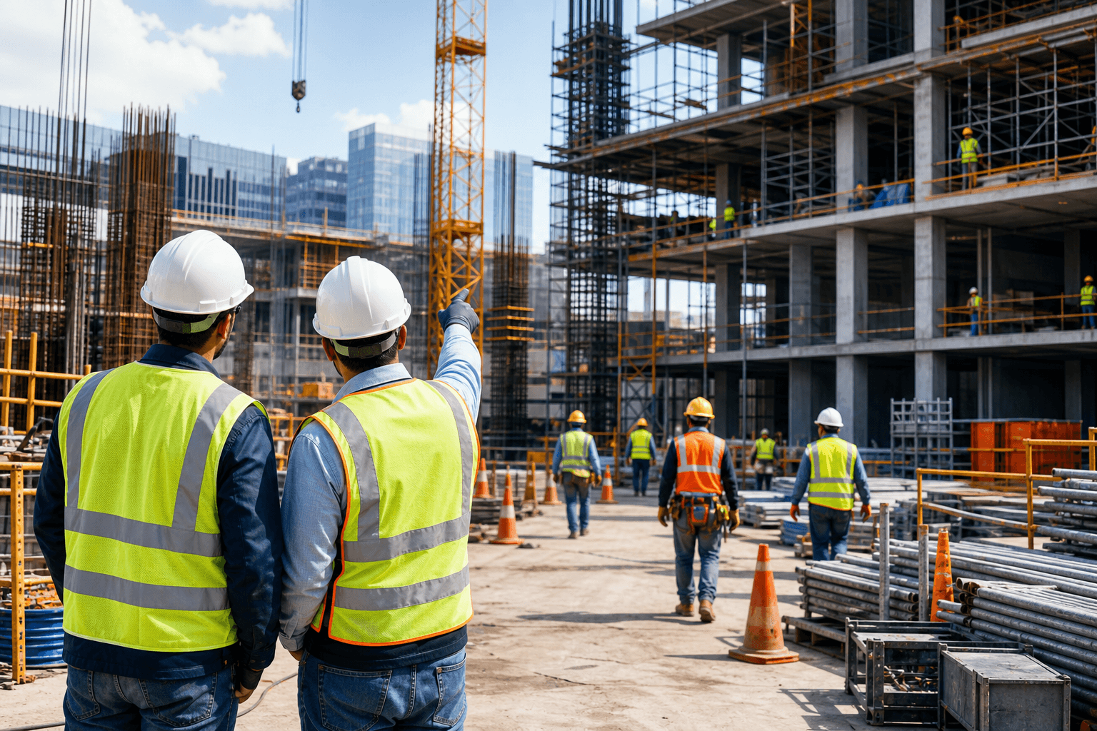 Construction workers wearing hard hats and safety vests on a well-organized job site