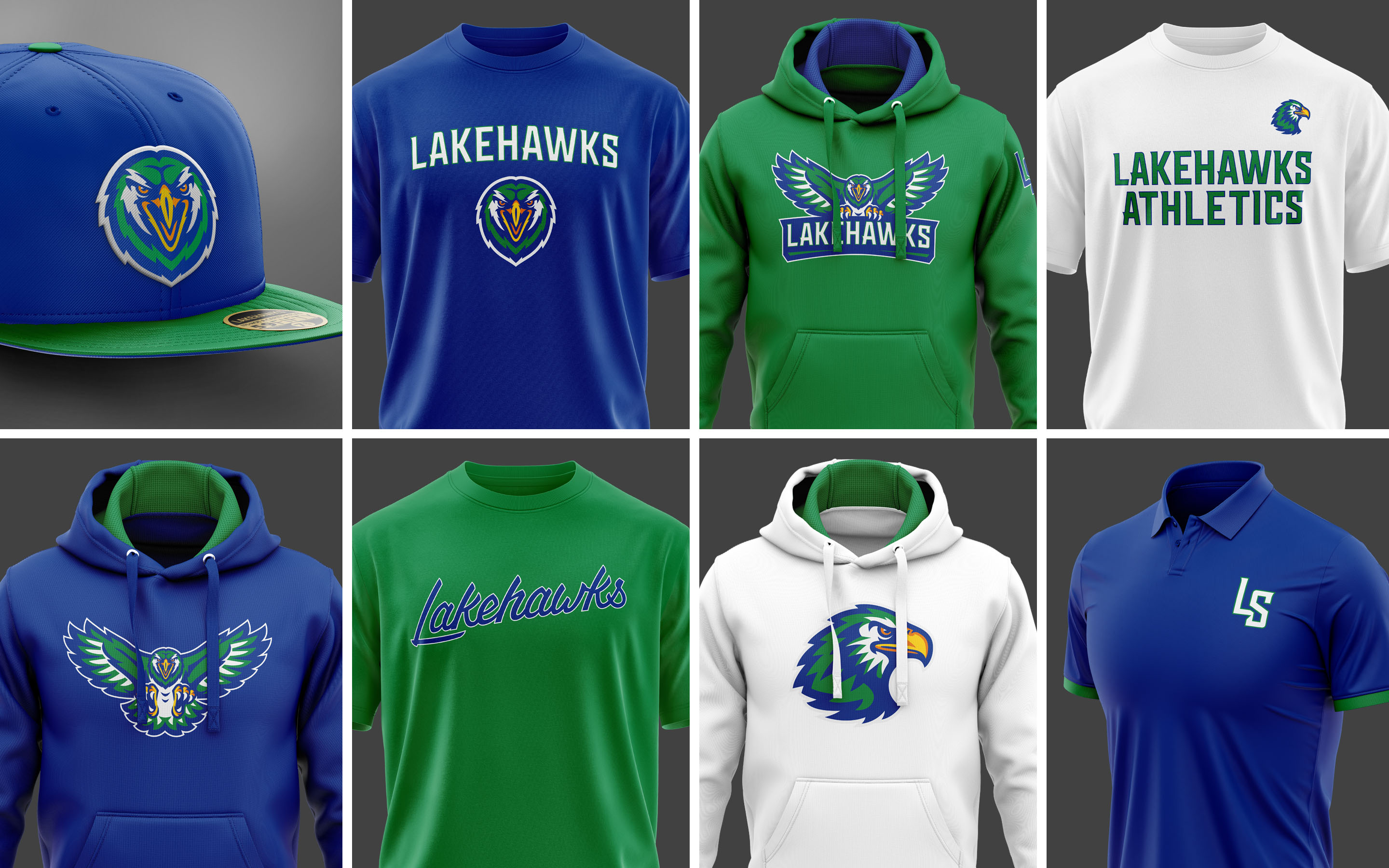 Lakehawks Athletics logo system mocked up on apparel.